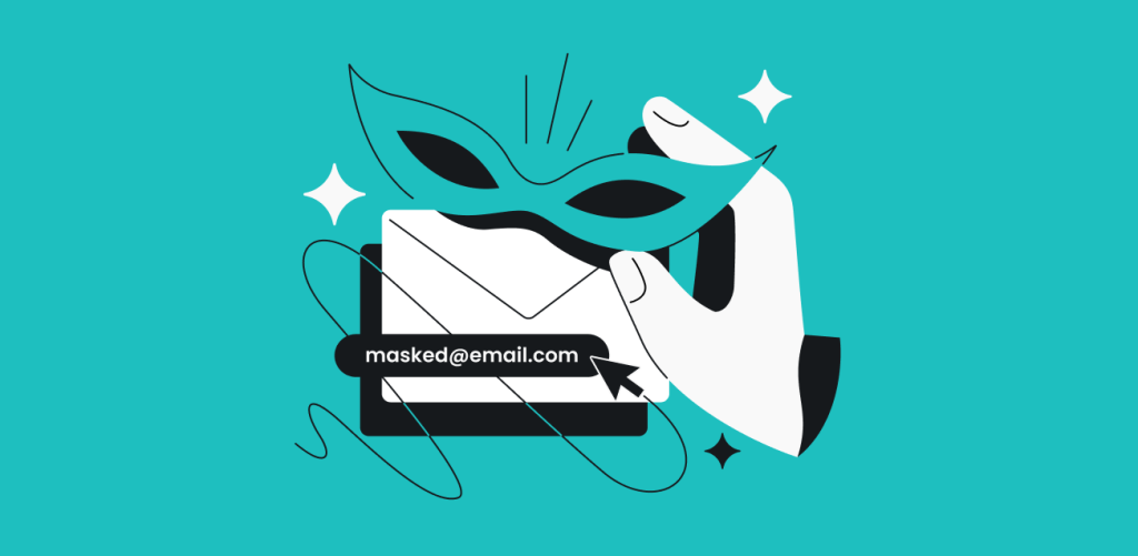 A hand holding an envelope and a masquerade mask, with masked@email.com written on the envelope.