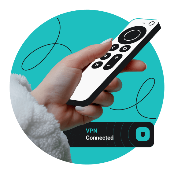 Mão segurando um controle remoto da Apple TV com uma caixa de texto abaixo que diz "VPN Conectado".