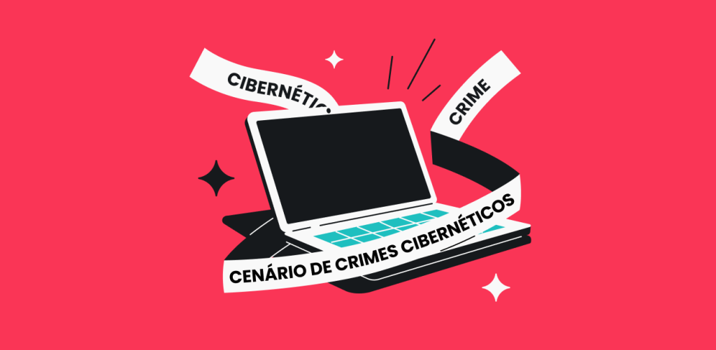 Um laptop com uma fita ao redor dele com as palavras Cibernetica, Crime e Cenário de Crimes Cibernéticos escritas nela.