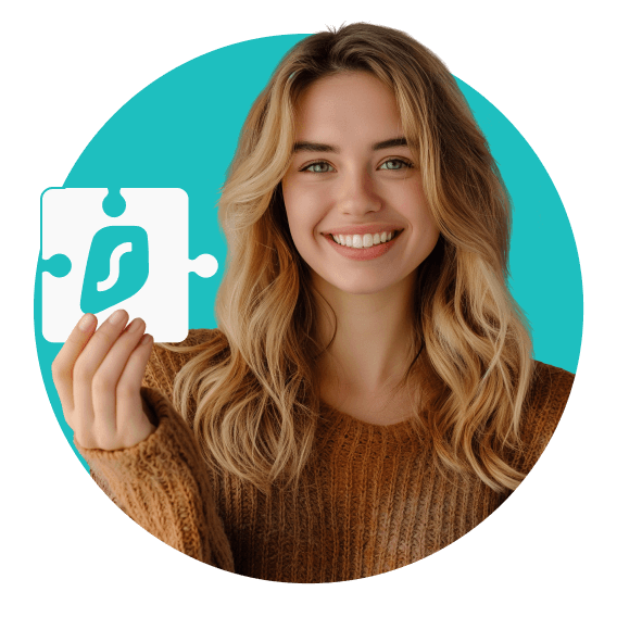 A smiling woman holding a puzzle piece that has a Surfshark logo on it.
