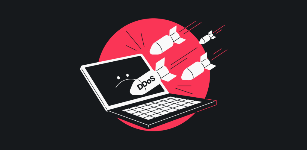 Um laptop com uma cara triste na tela sendo bombardeado com mísseis que têm "DDoS" escrito neles.