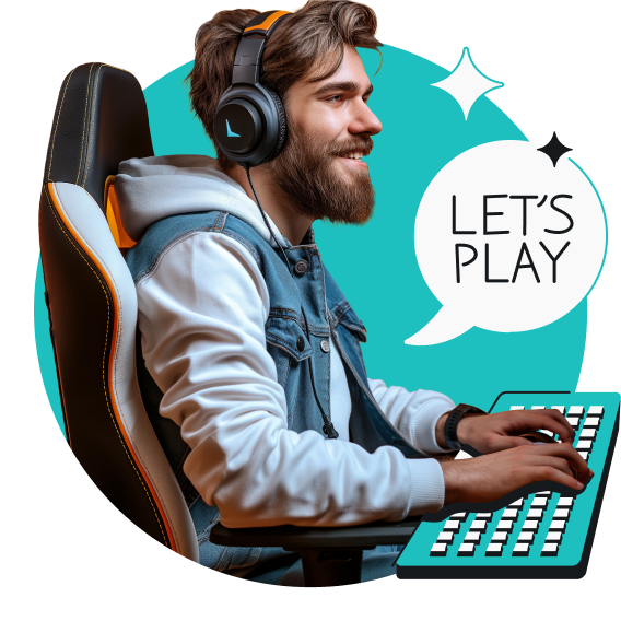A smiling man with his hands on a keyboard and a chat box coming out of his mouth that says lets play.