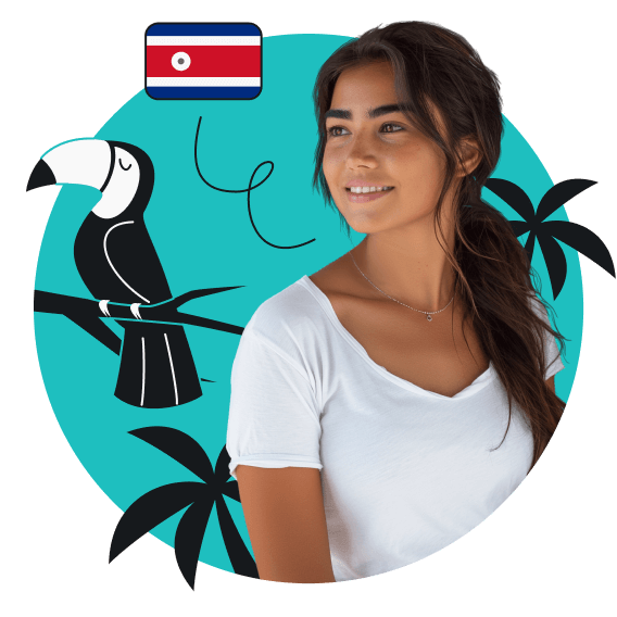 A smiling woman standing next to a drawing of a toucan and a Costa Rican flag above it.