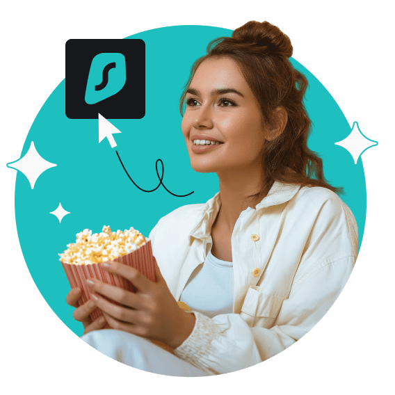 A smiling woman holding a tub of popcorn, with a mouse clicking on a Surfshark logo next to her.