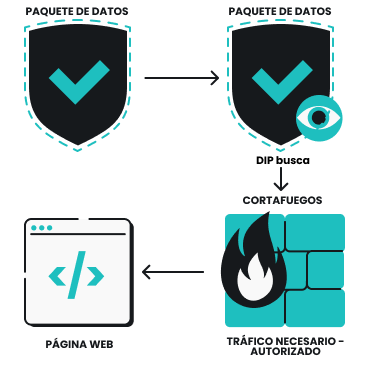 Cuatro iconos en secuencia: un escudo con una marca de verificación en una línea de puntos, un escudo con un ojo, una pared con fuego en frente, un sitio web.