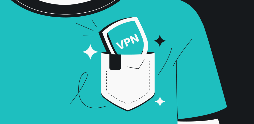 A tiny shield with VPN written on it placed inside a chest pocket of a shirt.