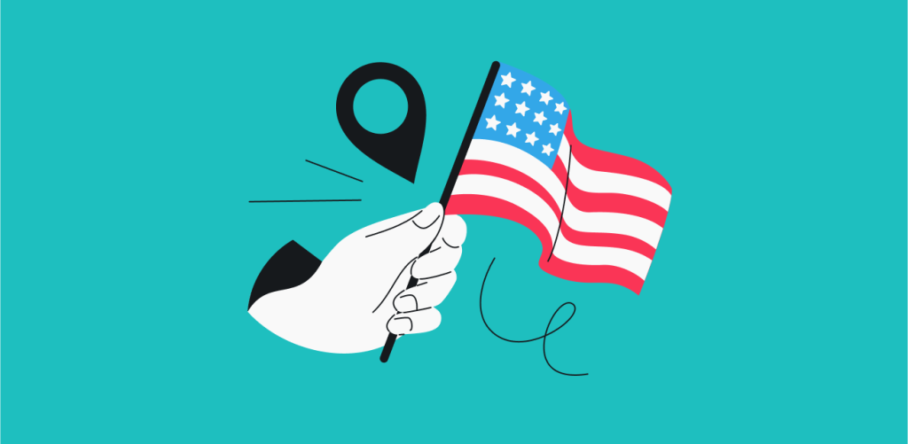 A hand holding an American flag with a geolocation pin next to it.