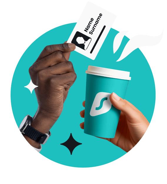 A hand holding a takeaway coffee cup with the Surfshark logo, another hand holding an ID card above the cup.