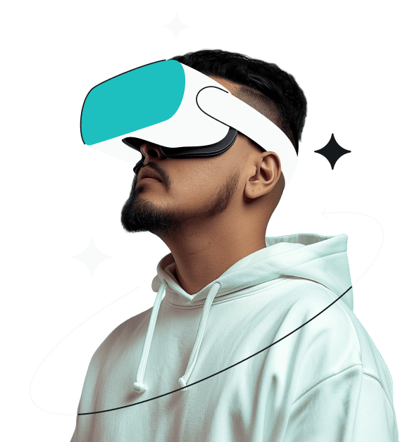 A man wearing a white hoodie wears a VR headset and is looking up