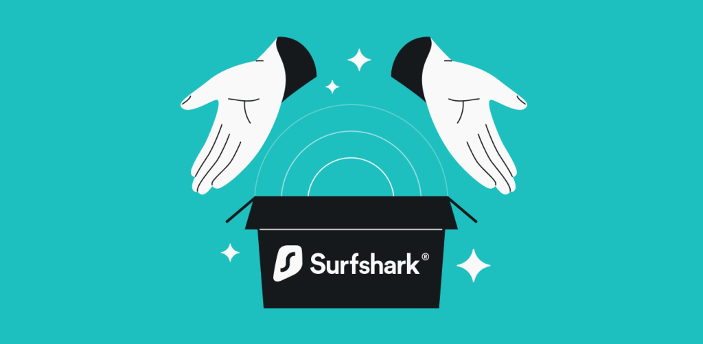Two hands with open palms above an open box with the word Surfshark and the Surfshark logo on it.