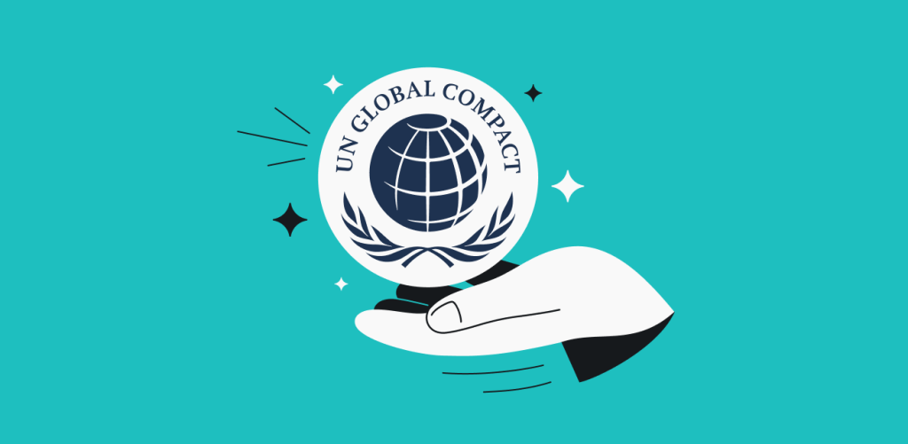 A hand holding the United Nations Global Compact logo.