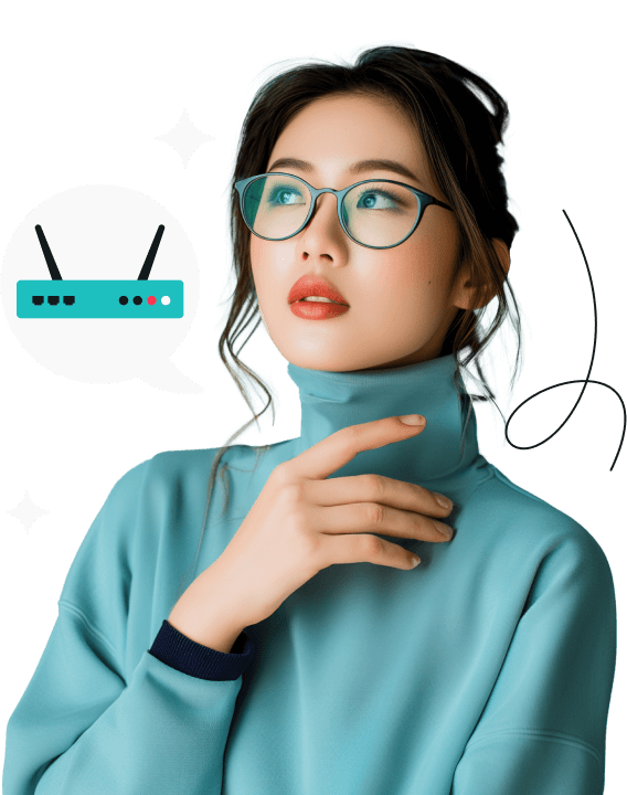 A woman with glasses wears a turtleneck and a speech bubble with a router floats near.