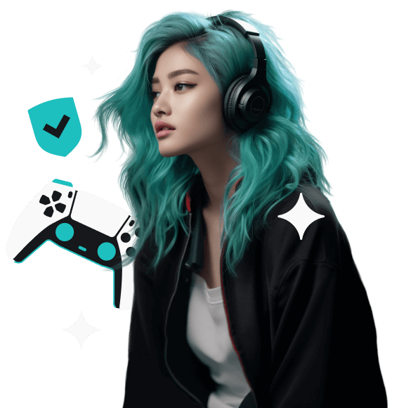 Blue haired woman with headphones on. A game controller and a shield with a checkmark next to her.