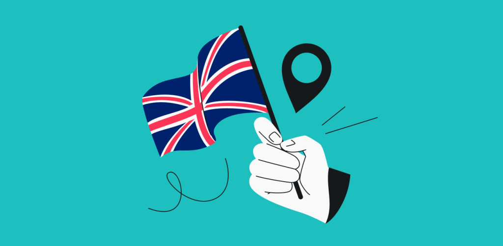 A hand holding the UK flag with a geolocation icon above it