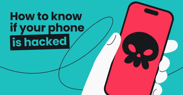 A hand holding a phone with a skull icon, alongside bold text reading How to know if your phone is hacked.