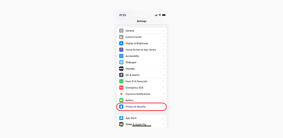 Screenshot of an iPhones Settings screen. Privacy and Security tab is circled in red.