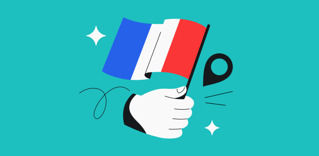 A hand holding a French flag with a geolocation pin over it.