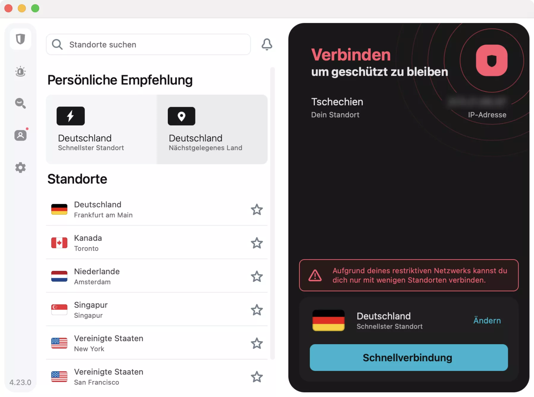 Screenshot der Surfshark VPN-App-Oberfläche, die die Serverauswahl und Verbindungsoptionen auf Deutsch zeigt.
