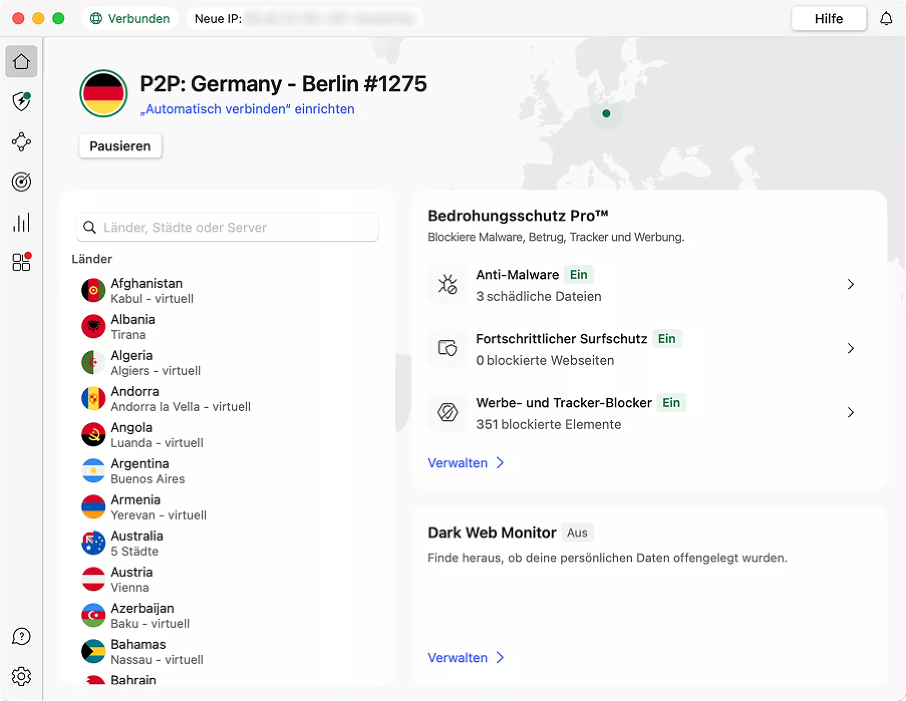 Screenshot der NordVPN-App-Oberfläche, die verfügbare Serverstandorte und verschiedene Funktionen auf Deutsch zeigt.