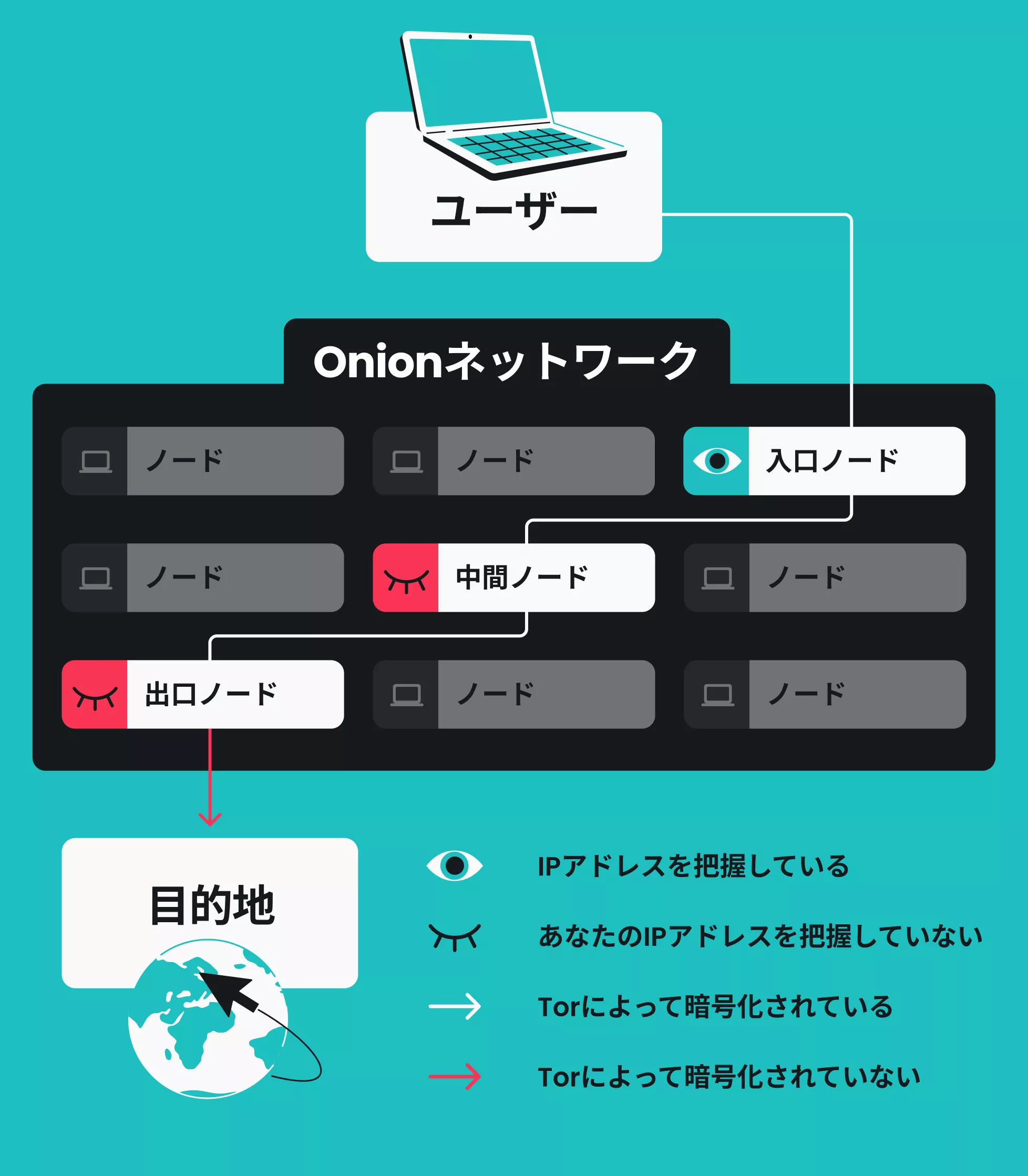 入口ノード、中継ノード、出口ノードを経由してTorネットワーク内の宛先に接続されたユーザーデバイスを示す図
