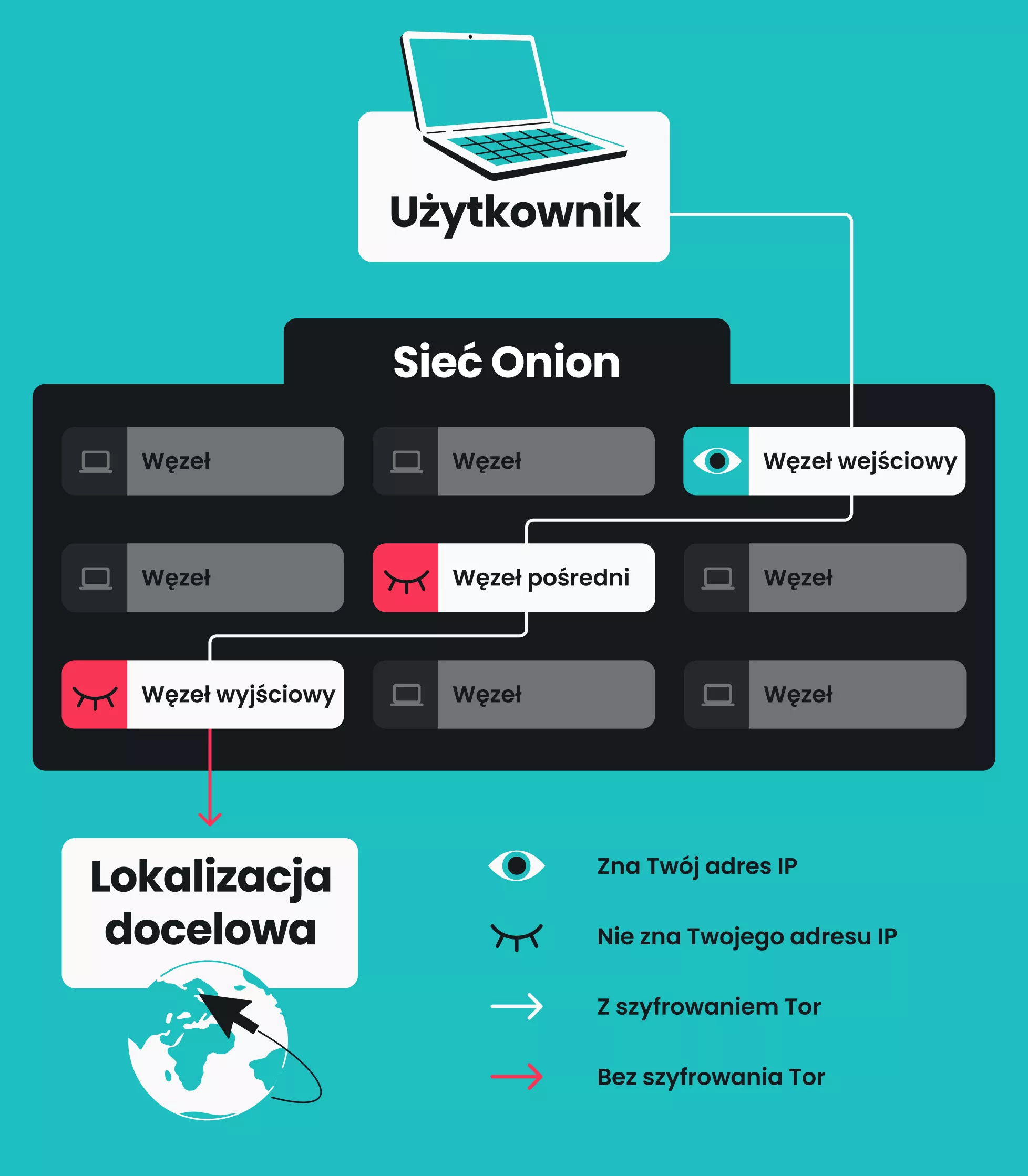Schemat pokazujący urządzenie użytkownika połączone z lokalizacją docelową w sieci Tor przez węzły: wejściowy, pośredni i wyjściowy.