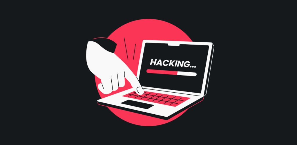 Uma mão tocando o teclado de um laptop com uma barra de carregamento e a palavra "Hacking" escrita em sua tela.