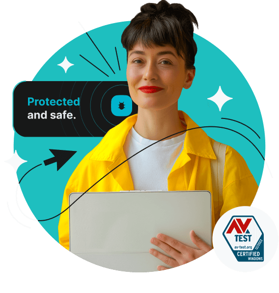 A smiling woman holding a tablet next to the AV TEST seal, a bug, and the words protected and safe.