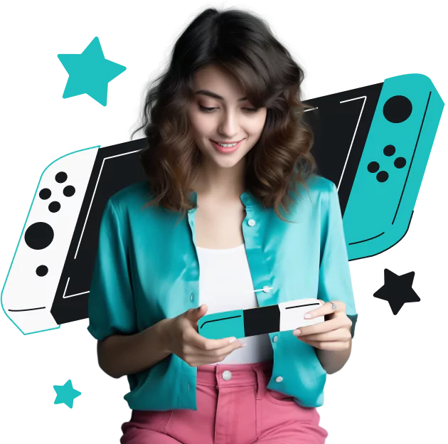 Uma mulher sorridente está olhando para um Nintendo Switch em suas mãos. Um grande Nintendo Switch está atrás dela e estrelas estão ao redor da mulher.