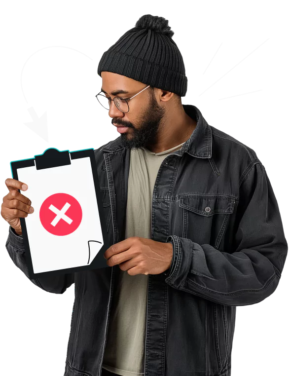 A man holding a clipboard showing an x inside a red circle with a cursor arrow and radiant lines over his shoulders.