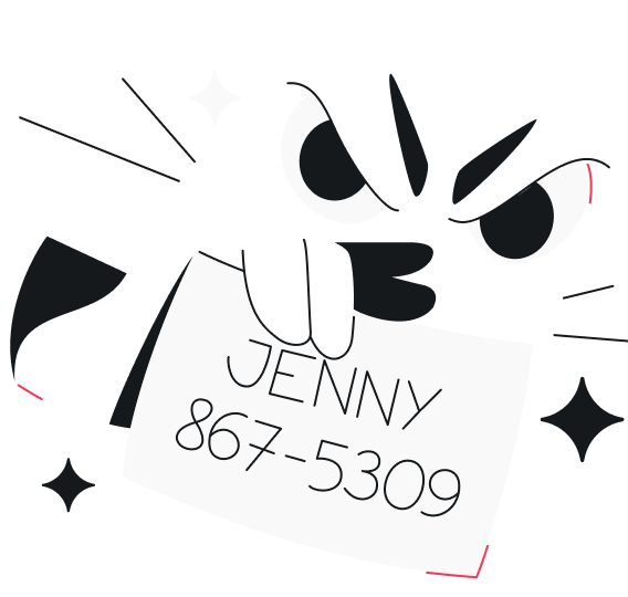 An evil pair of eyes, a hand holding a note showing the name Jenny followed by a seven digit number, and three stars.