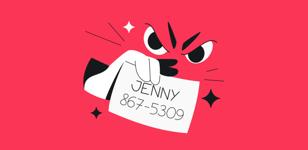 An evil pair of eyes, a hand holding a note showing the name Jenny followed by a seven digit number, and three stars.