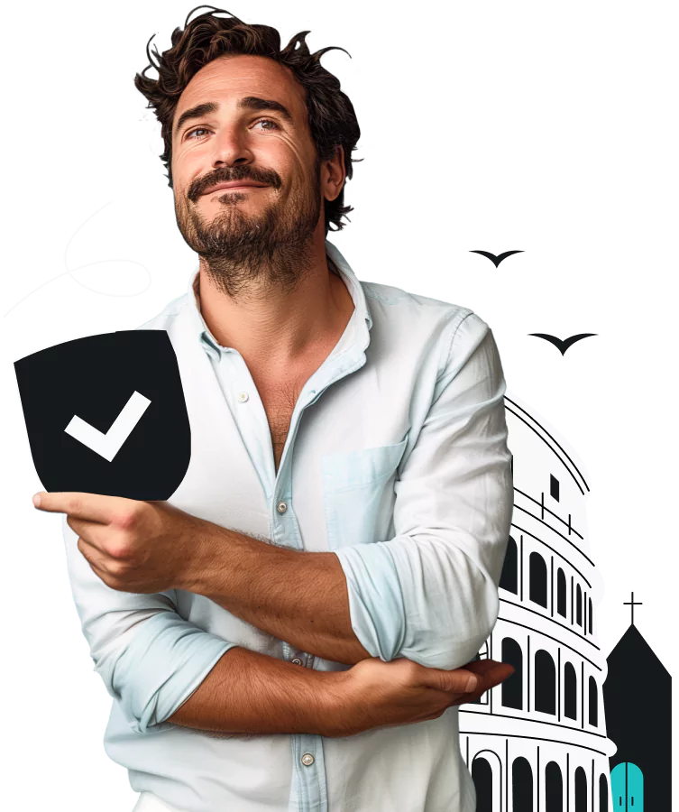 A smiling man holding a checkmarked shield in front of the Colosseum, a church, and two birds.