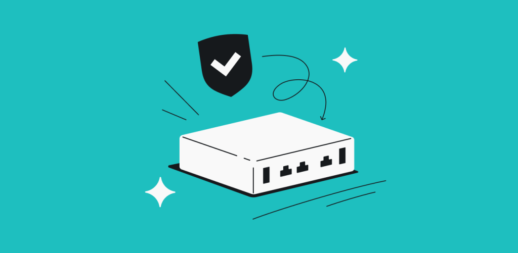 A security gateway device with five empty ports and a shield with a checkmark above it.