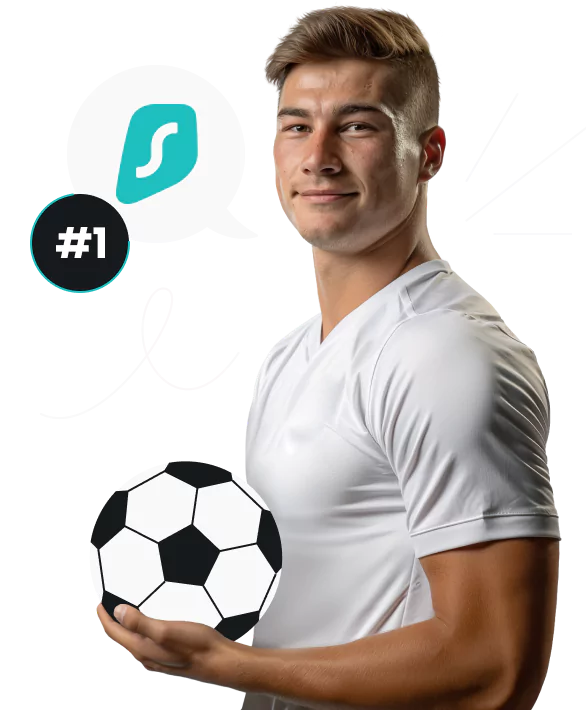 A smiling man holding a soccer ball next to the number one and a speech bubble containing the Surfshark logo.