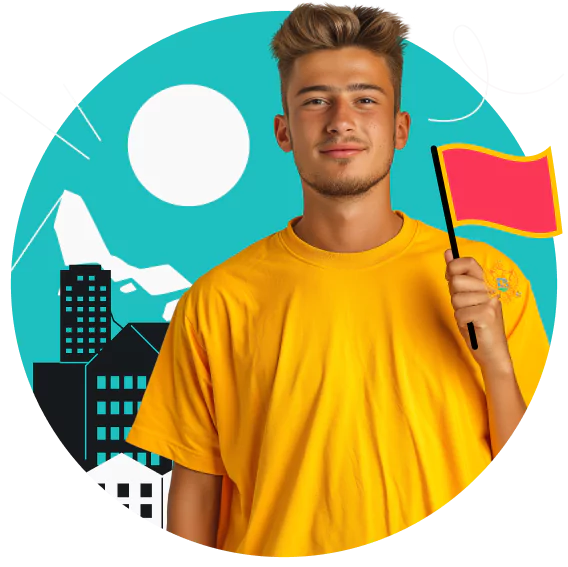 A smiling young man holding a Montenegrin flag standing in front of a building with a spire, palm trees, and birds.