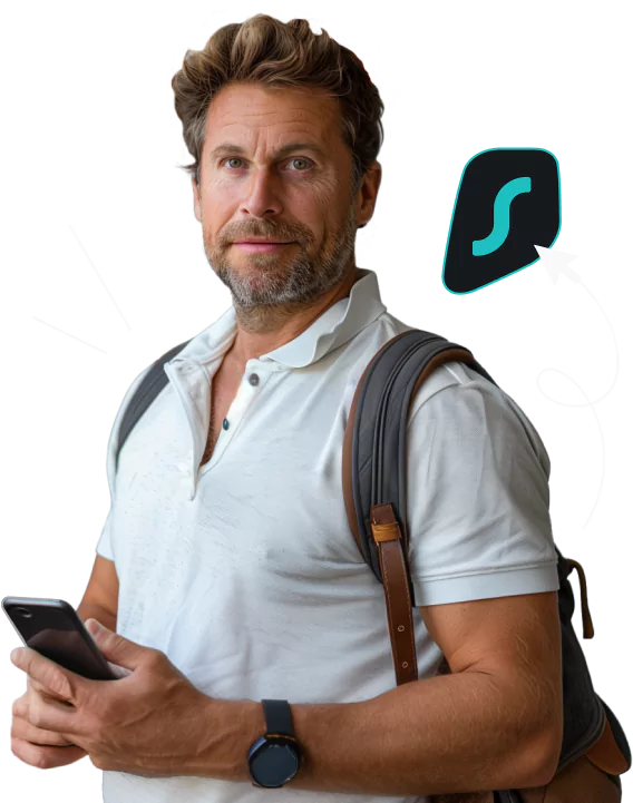 A middle aged man wearing a backpack, with a smartphone in both hands and a white arrow pointing to a black Surfshark logo.