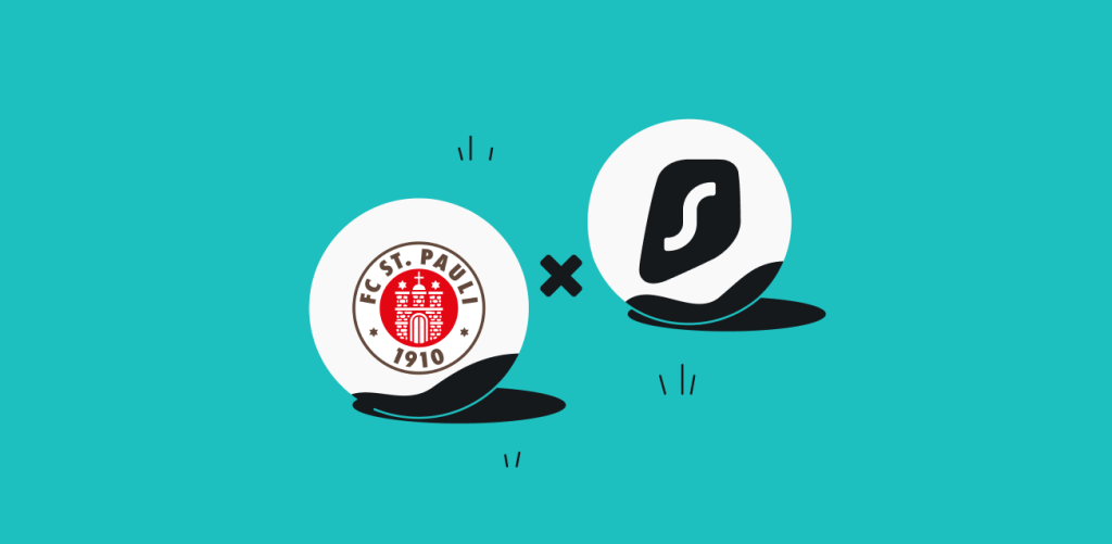 Two white balls, the left with the FC Saint Pauli crest and the right with the Surfshark logo, and an x symbol between them.