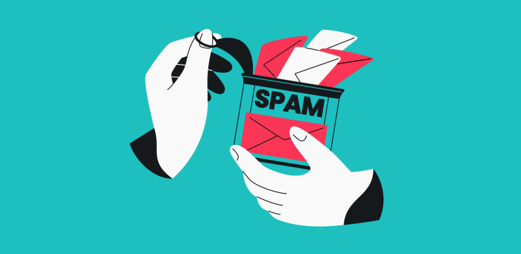 A pair of hands opening a can labeled spam with red and white envelopes emerging from it.