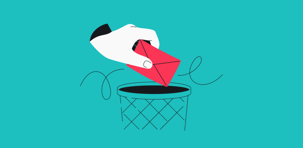 A hand dropping a red envelope into a wire trash bin, with black squiggly lines around it, set against a teal background.