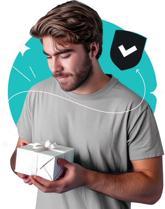 A bearded man in a gray shirt holding a white gift box surrounded by three stars and a black checkmarked shield.