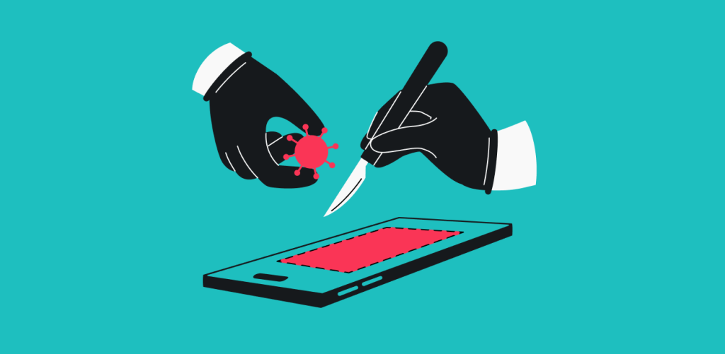 Two hands, one holding a red virus and the other a scalpel, hovering over a smartphone with a dashed rectangle on its screen.