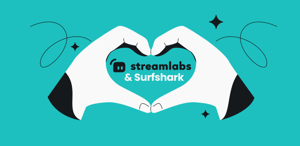 A pair of hands making a heart gesture containing the Streamlabs logo and the text Streamlabs and Surfshark.