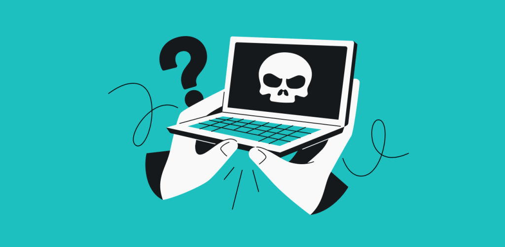 Two hands holding a laptop with a skull on the screen next to a question mark.