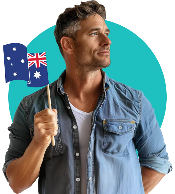 A man wearing a denim shirt over a white t shirt, holding a small Australian flag and looking to his left.