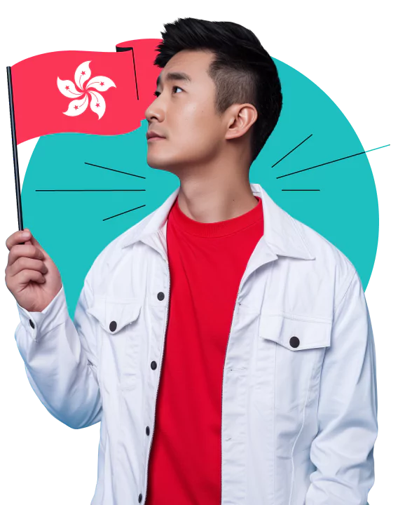 A man holding a flag of Hong Kong.