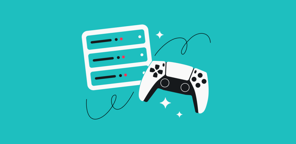 A white gaming controller next to three horizontal server icons on a teal background, with stars and black swirls.