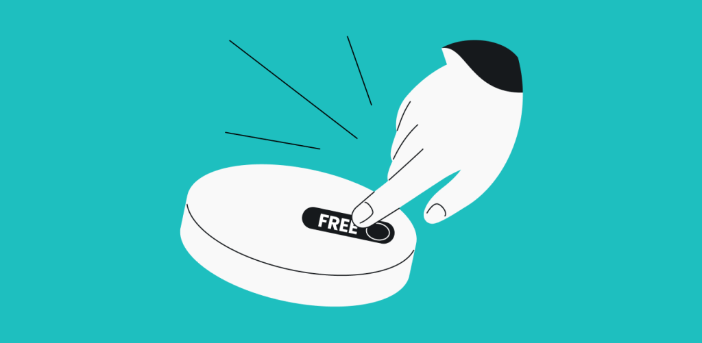 A hand pressing a button labeled FREE on a round white platform with black action lines set against a teal background.