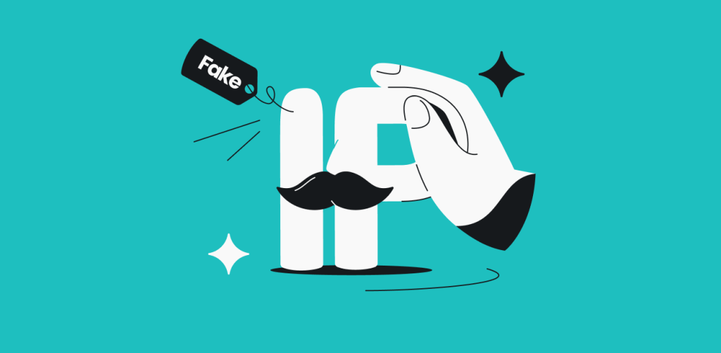 A hand placed on the word IP, which has a nose, a mustache, and a tag labeled Fake sticking out of it.