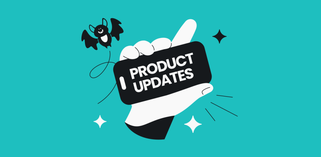 A hand holding a smartphone displaying Product Updates with a playful bat and sparkles around it.