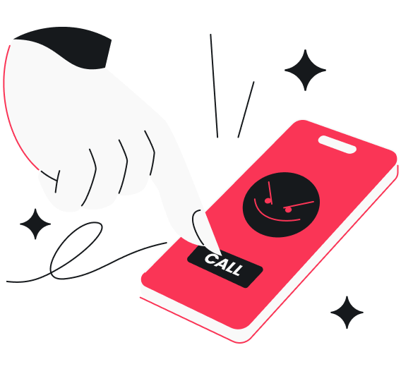 A stylized hand pressing a CALL button displayed next to a menacing face icon on a smartphone screen.